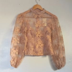 NWT Peach Embroidered Lace Nude Long Sleeve Top Sz Med Women